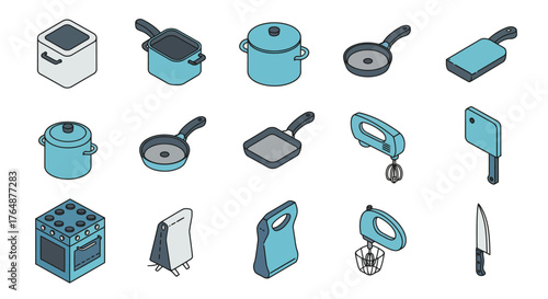 Isometric kitchenware set featuring pans, pots, mixer, knife, cutting board,…