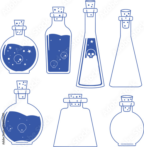 Collection of blue outline laboratory flasks and bottles with stoppers beaker science