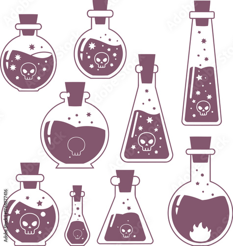 Collection of purple potion bottles and flasks for Halloween glass liquid