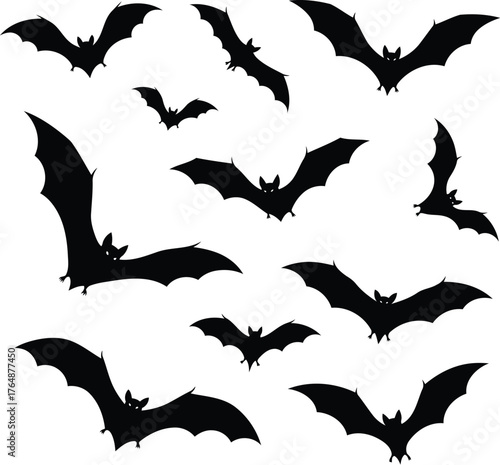 Flock of black bats in flight silhouette Halloween flying