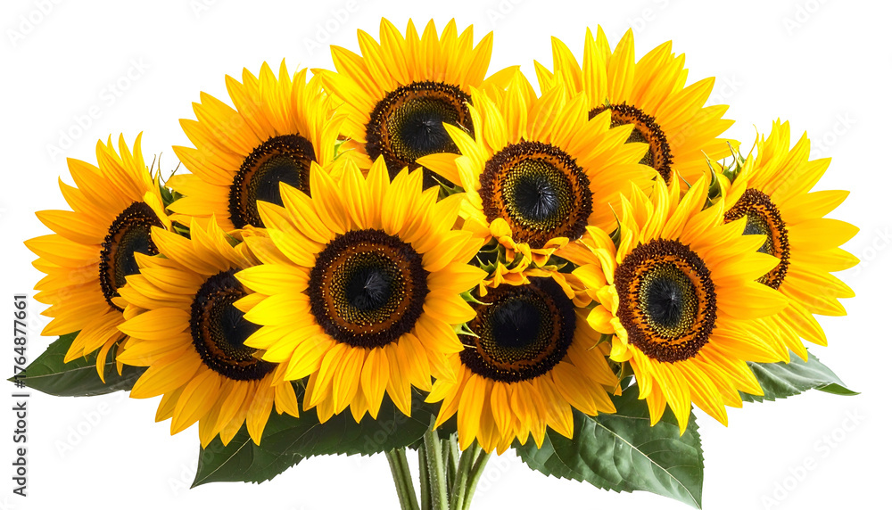 Naklejka premium A vibrant bouquet of sunflowers with yellow petals, brown centers, and green stems