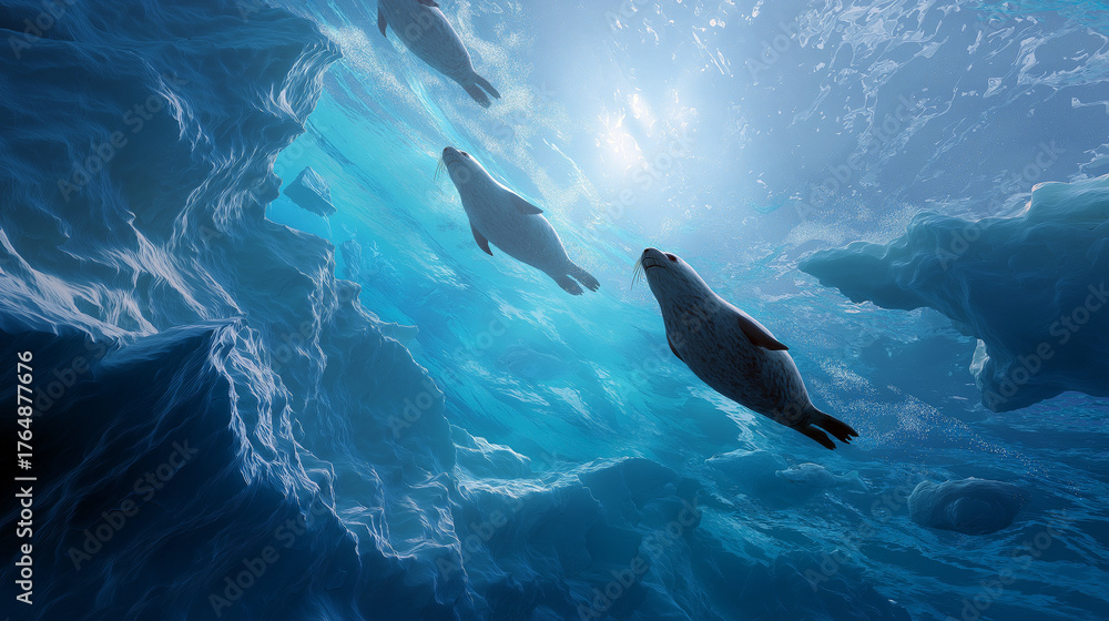 Obraz premium Polar underwater scene with ice formations, seals swimming in cold blue water