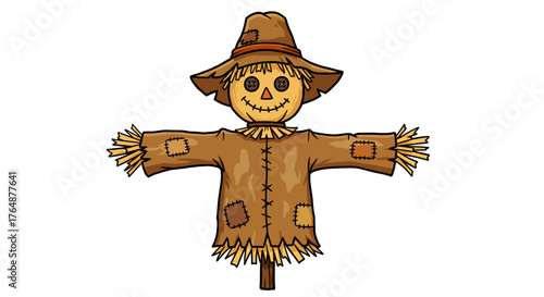 Cartoon scarecrow with hat and patchwork details on white background