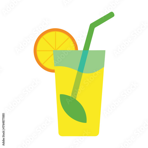 Vector illustration of refreshing lemonade drink with lemon and orange slices, Flat design style isolated on white background.