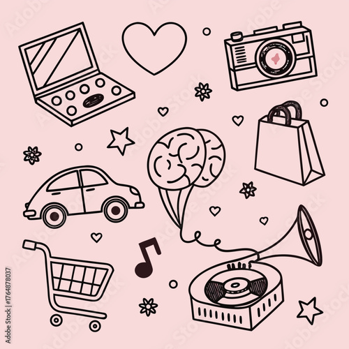 A whimsical collection of hand-drawn icons laptop, heart, vintage camera with a heart in the lens, shopping bag, small car, two balloons with brain sketches, gramophone with record, shopping cart.