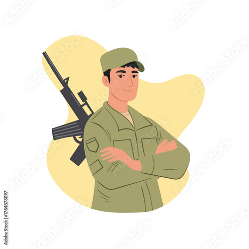 Confident military soldier vector illustration with rifle in uniform isolated on white background, modern flat army character concept for defense, security, and patriotic design.