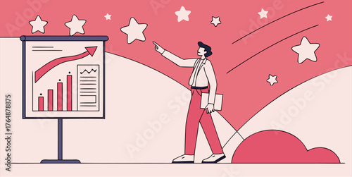 Confident professional points to upward trending chart on presentation board celebrating success