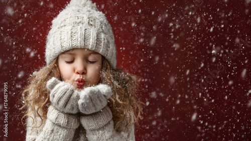 A little girl blows snow into her hands, red background for a Christmas concept