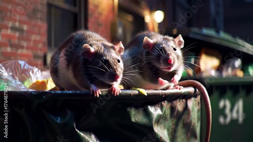 Two Ugly Rats Eating from Trash Can in Urban Alleyway Closeup