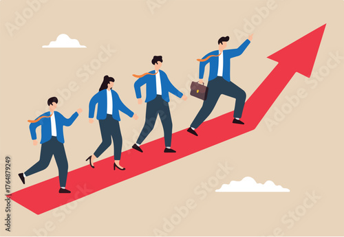 Flat illustration of businessman manager leads team with direction arrow motivating employees to achieve success together	