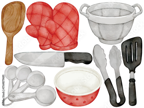Watercolor Kitchen Utensils Clipart Set Baking Tools Oven Mitt Knife Bowl Colander Spatula Tongs Isolated on White Background
