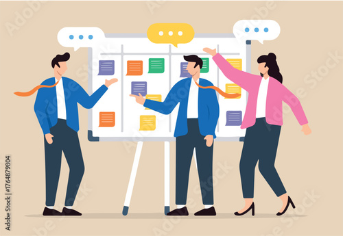 Business people collaborative workshop with whiteboard and sticky notes in flat design