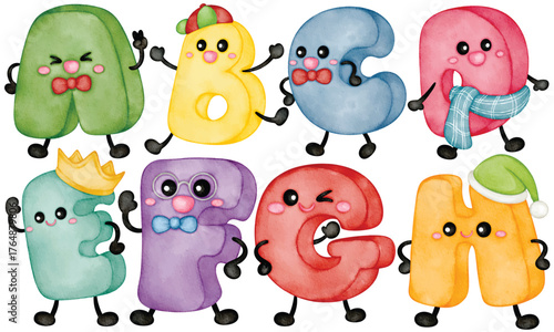 Watercolor Cute Alphabet Character Set A B C D E F G H Kawaii Font ABC Kids School Typography Isolated on White Background