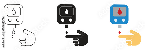 Blood sugar test icon set, diabetic patient sugar level testing symbol. High or low blood sugar test device vector sign.