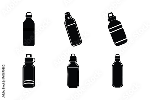 Set of water bottle, plastic bottle and drinking water icons, Flat design style vector icons on white background.