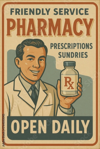 Vintage Pharmacy Poster with Pharmacist Illustration