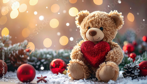 Wallpaper Mural A cute teddy bear holding a red heart sits among Christmas decorations with ornaments, pinecones, and snow, creating a warm festive holiday scene. Torontodigital.ca