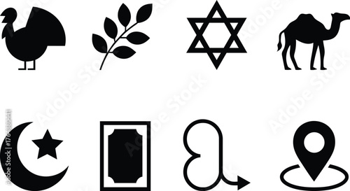 Diverse cultural symbols representing faith geography and nature in clean black style