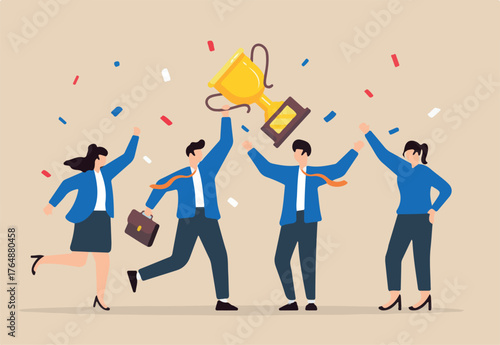 Flat illustration of joyful leader holding winning trophy and colleague team celebrate business success or victory with confetti career award work achievement	