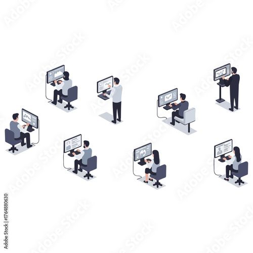 Isometric View of People Working on Computers in an Office.