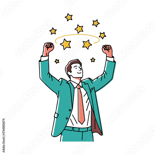 Successful Businessman Celebrating Achievement with Stars.