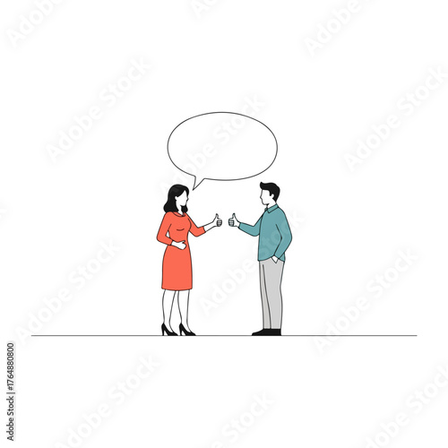 Illustration of a man and woman in conversation with speech bubble.