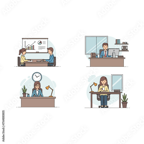 Illustrations of office workers engaged in various tasks at their desks.