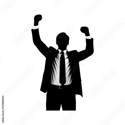 Silhouette of a businessman celebrating success with arms raised.