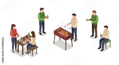 Isometric outdoor barbecue gathering with friends cooking and dining in casua…