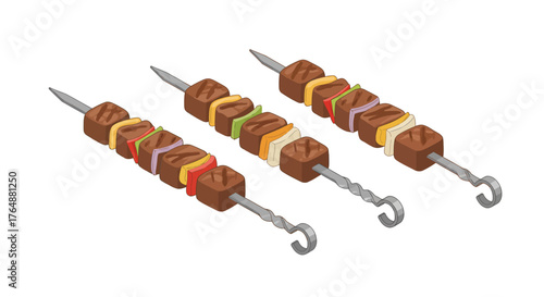 Skewered bbq meat and vegetables on metal skewers isometric style