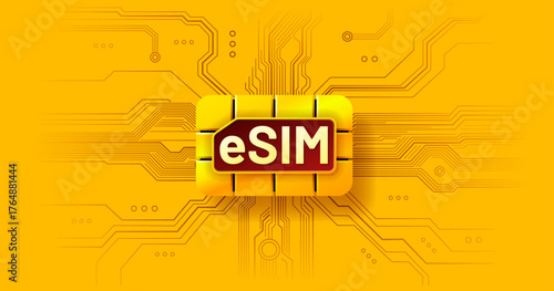 eSIM card on circuit board background. Modern digital embedded SIM concept.