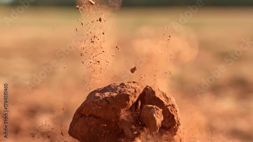 Extreme slow motion dry soil clod breaking apart into fine dust particles in a field dry, macro, cultivation