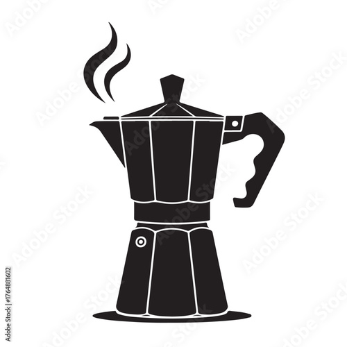 Classic moka pot illustration with steam, isolated on white background, perfect for coffee shop branding and designs