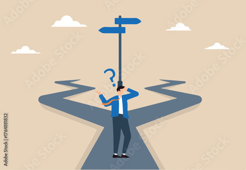 Businessman thinking between two directions with question mark. Concept of decision making in face of uncertainty, process of choosing between two options, and navigating difficult situations