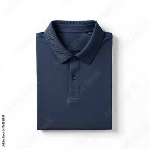 Neat navy blue polo shirt folded on white background