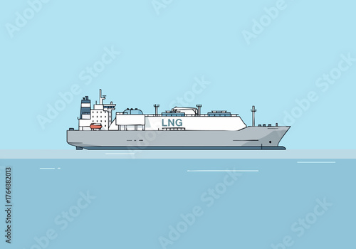 A sleek LNG carrier, 'Clean Sea Flow,' navigates the ocean. Modern, minimalist illustration style. Ideal for maritime, energy, and environmental themes.