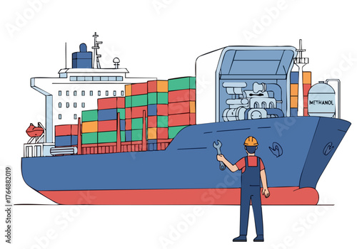 A skilled technician repairs a cargo ship, highlighting maintenance and maritime operations. A clear, professional illustration.