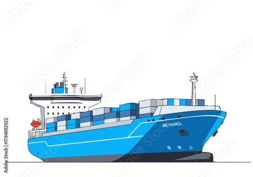 A stylized illustration of a blue container ship, ?Methanol?, sailing on a blue ocean. Modern, graphic design style. ?Tech Sea Open? tagline.