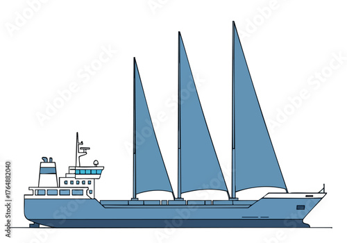 A stylized illustration of a blue sailing vessel with three masts. Clean lines and a modern aesthetic create a visually appealing maritime scene. Perfect for travel, ocean, or nautical themes.