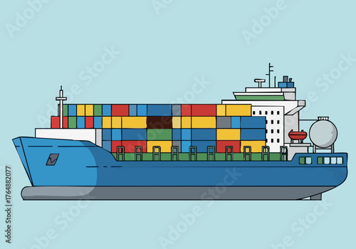 stylized  container ship sailing showcasing vibrant cargo containers Modern flat design with a blue hull and a clean composition Ideal for shipping logistics and global trade visuals