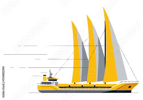 A stylized illustration of a fast wind aid ship, ?Fast Wind Aid?, with yellow sails, set against a white background. Clean, modern design, ideal for commercial use.