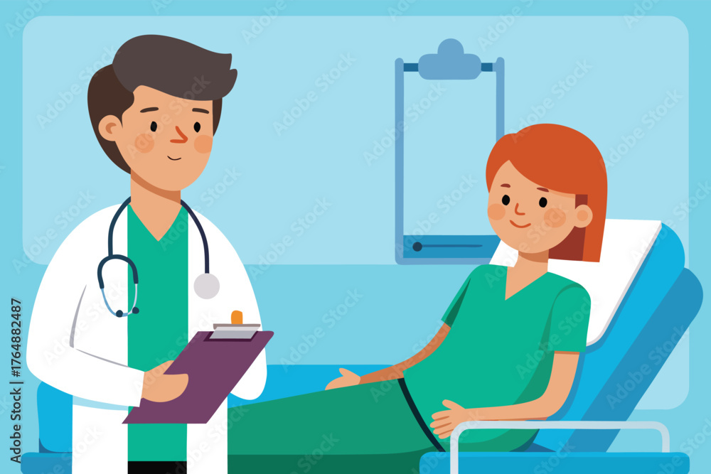 Fototapeta premium Friendly female doctor with auburn hair and a stethoscope providing medical care