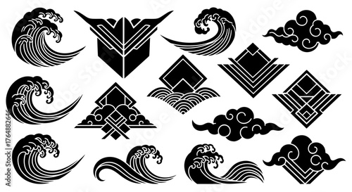 A vector collection blending traditional Japanese waves and clouds with modern geometric emblems. Perfect for creating unique logos, tattoos, or Asian designs.