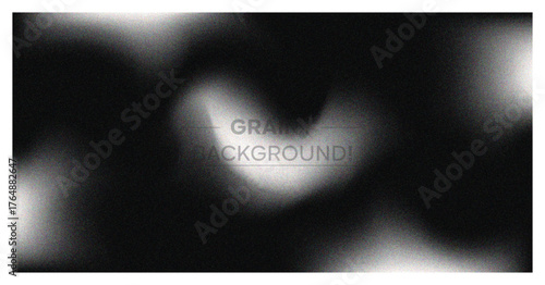 Abstract grainy background. Dark monochrome banner with blur, noise texture, and soft white wavy light effect. Modern vector backdrop.