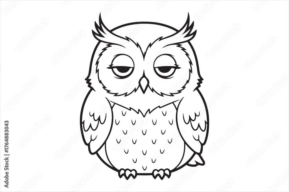 Fototapeta premium Tired cartoon owl drawing for children silhouette on vector white background