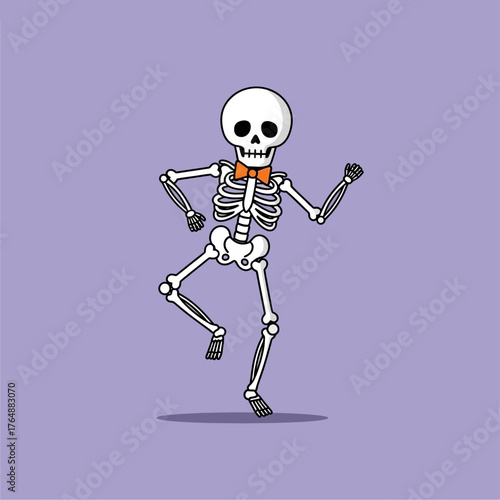 A cute cartoon skeleton character with an orange bow tie is dancing happily on a purple background.