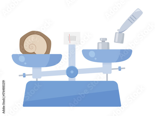 化石の重さを量っている上皿てんびんのイラスト