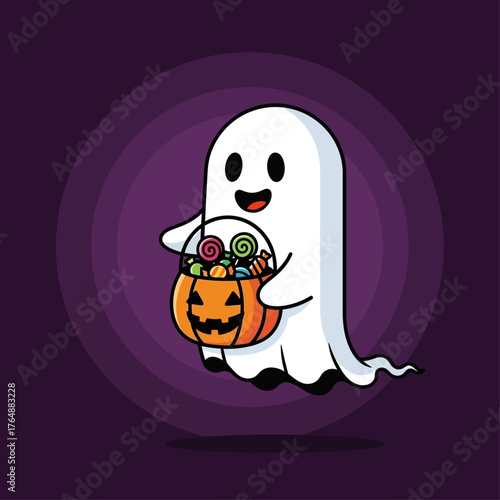 A cute cartoon ghost floats while holding a jack-o'-lantern bucket filled with colorful candy for Halloween.