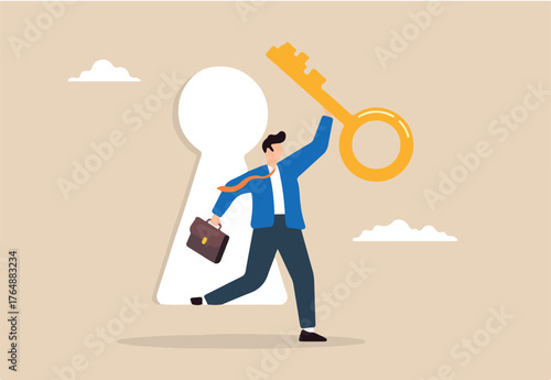 Flat illustration of businessman holding golden secret key and walking through keyhole discovering career opportunity and unlocking success	