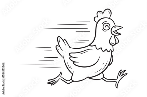 Cartoon chicken running fast motion lines silhouette on vector white background